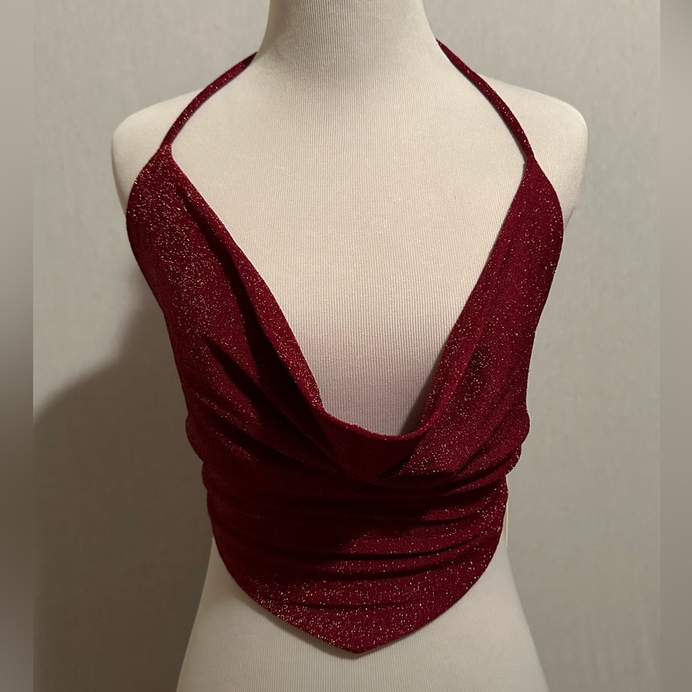 NEW NWT Sexy Sparkly Red Cowl Backless Crop Top Tie Back by Mimosa Brand Size M